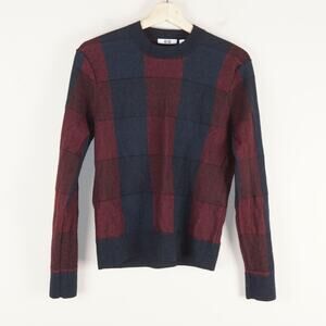 Uniqlo U Crew Neck Check 100% Wool Pullover Red Blue Sweater Mens Sz S